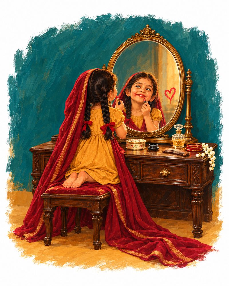 Painted illustration: a little girl in a yellow frock, her mother's red dupatta trailing behind her, kneels on a stool at a carved wooden dressing table, putting on lipstick and grinning at her reflection